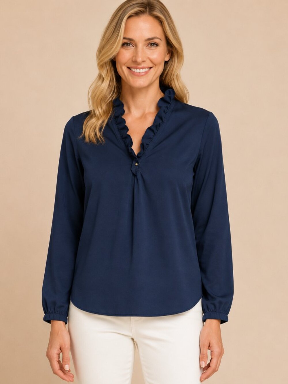 Elizabeth McKay Navy Blue Long Sleeve Ruffled Neck Blouse Women’s Size 6